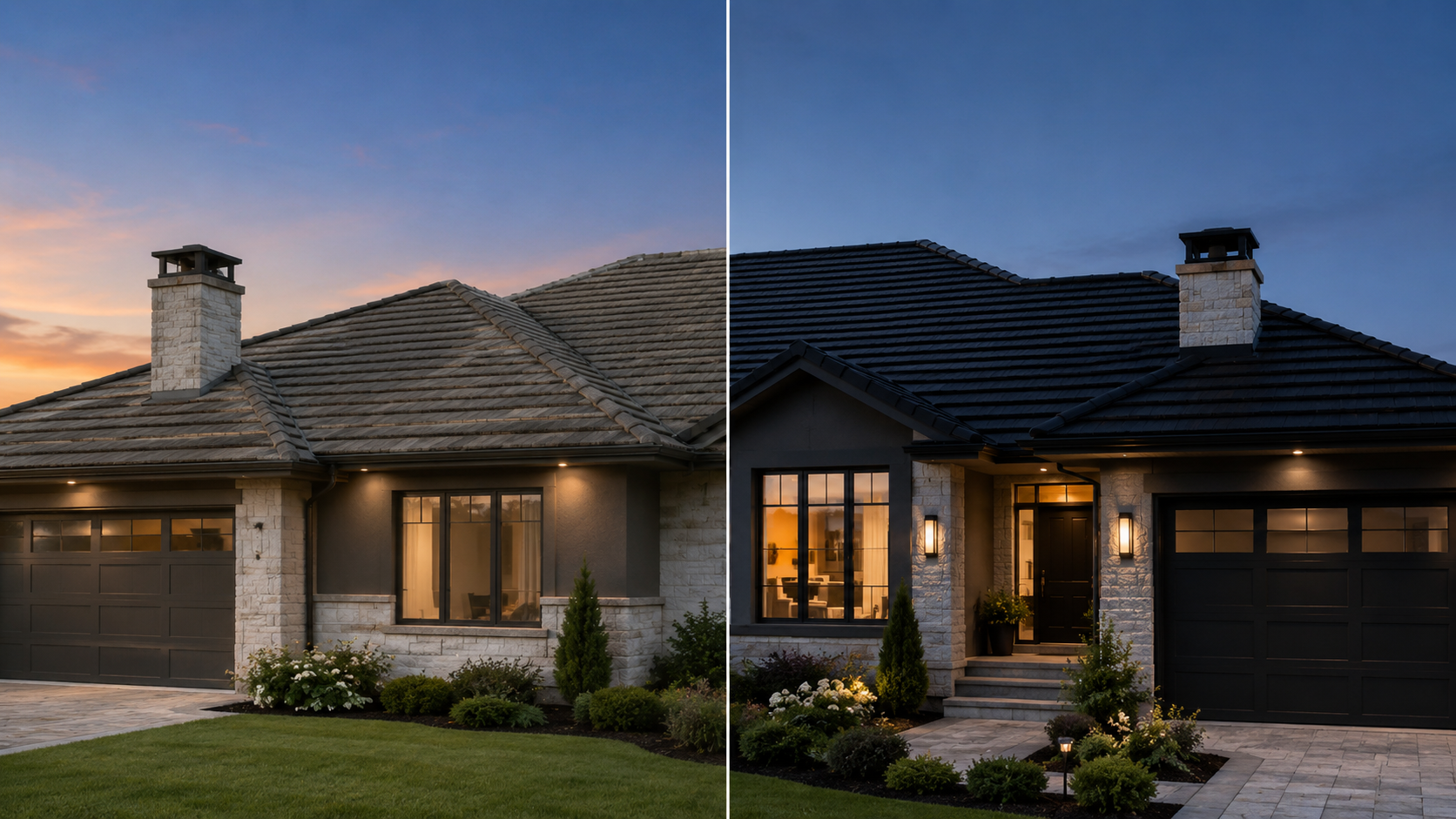 Before and after of a tile roof restoration in Brisbane