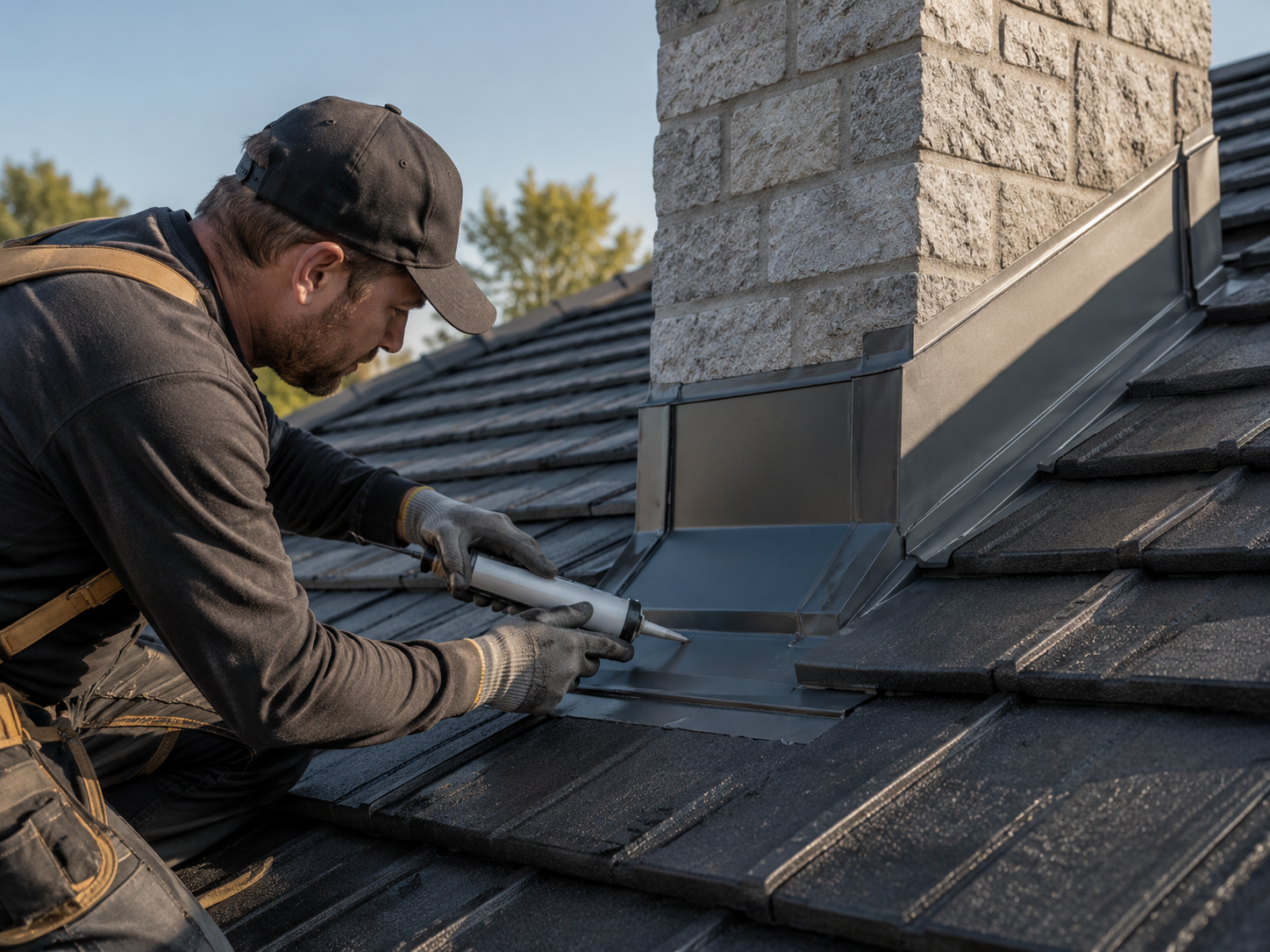 Close-up of tile roof restoration work in Brisbane